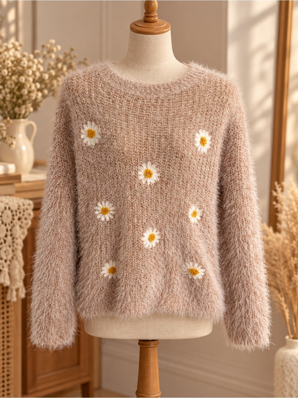 Fuzzy Daisy Crewneck Sweater - Beige